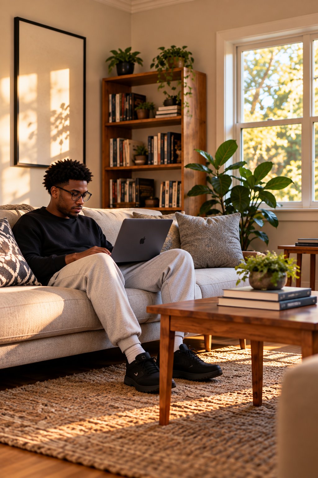 A resident studying in the common room