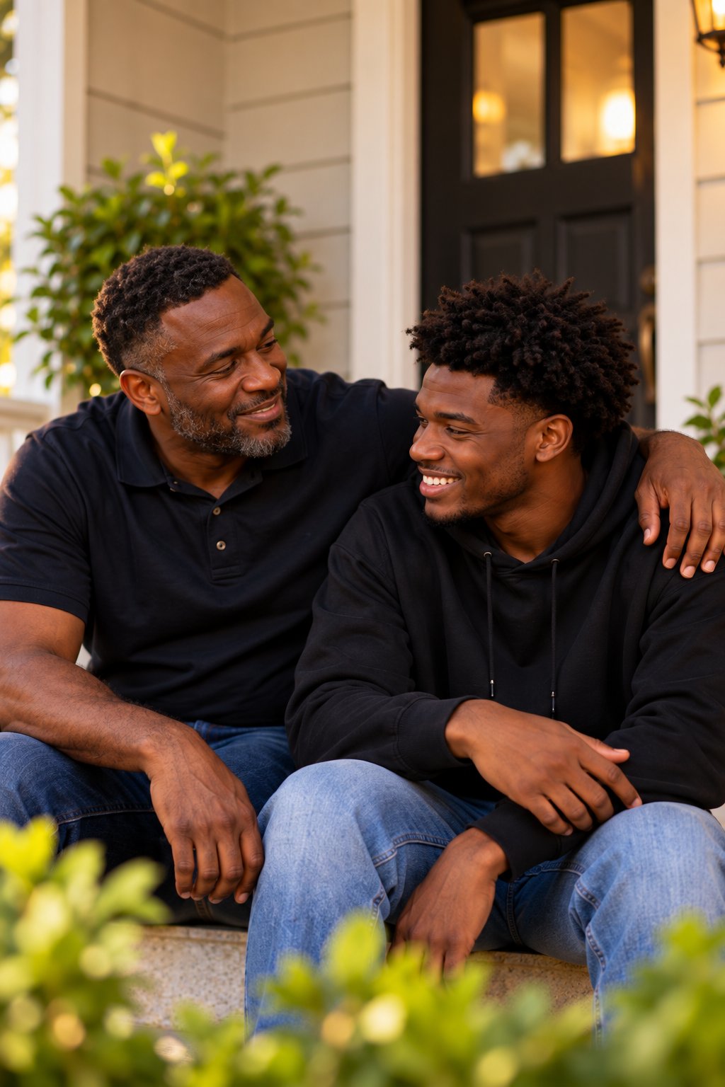 A father and his son sharing a laugh on the front porch