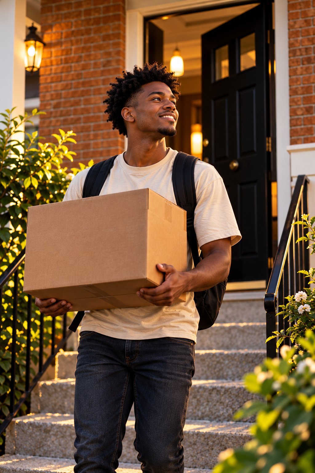 A young man carrying a moving box up the front steps of a brick house