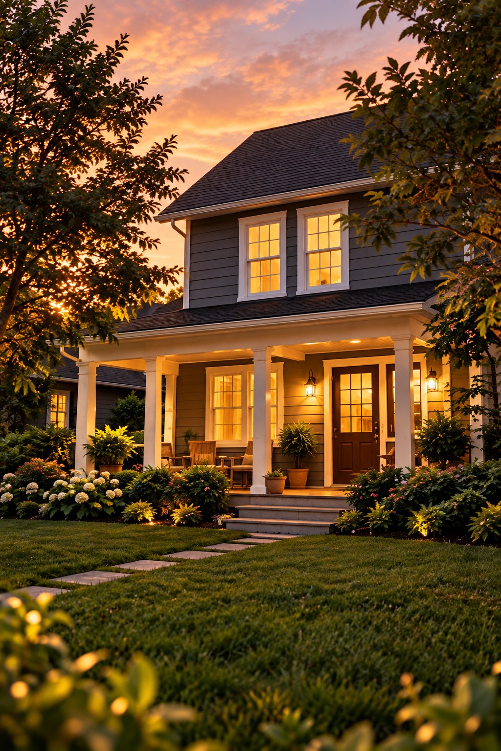 The house at dusk with the porch light on